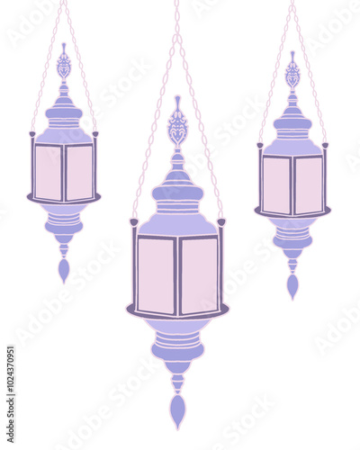 Arab islamic lantern or lamp silhouettes, ramadan or eid mubarak holiday illumination items. Isolated vector ornate symbols of light, joy and celebration. Decorative homes and street festive lamps set