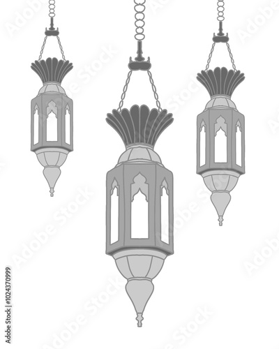 Arab islamic lantern or lamp silhouettes, ramadan or eid mubarak holiday illumination items. Isolated vector ornate symbols of light, joy and celebration. Decorative homes and street festive lamps set