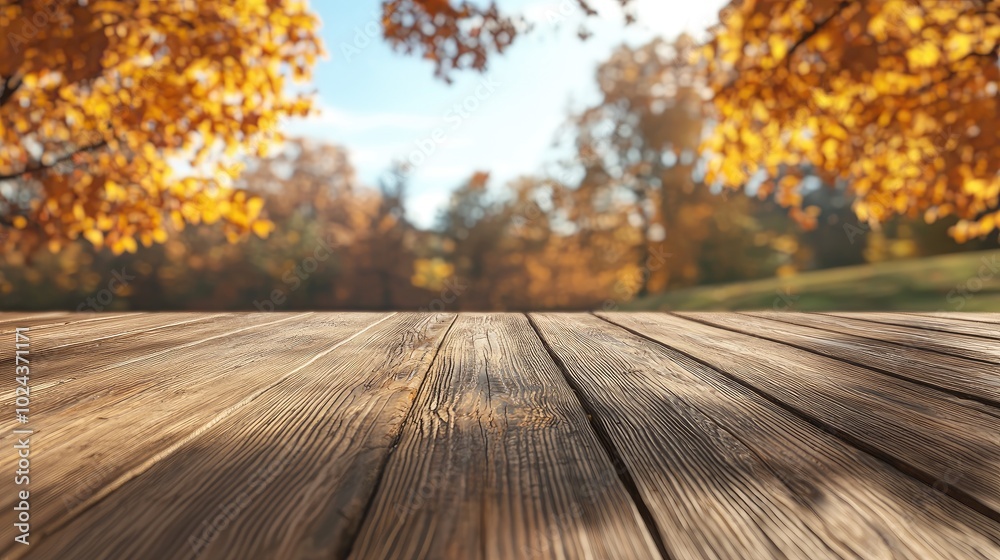 The tone of autumn, with a wooden countertop in the foreground, facing forward. The image is clean, with a sense of light and bright colors. Outdoors, The tone of autumn, with a wooden countertop in the foreground, facing forward. The image is clean, with a sense of light and bright colors. Outdoors,