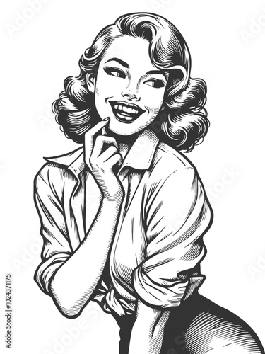 Playful smiling beautiful young woman flirty biting her little finger sketch engraving generative ai fictional character vector illustration. Scratch board imitation. Black and white image.