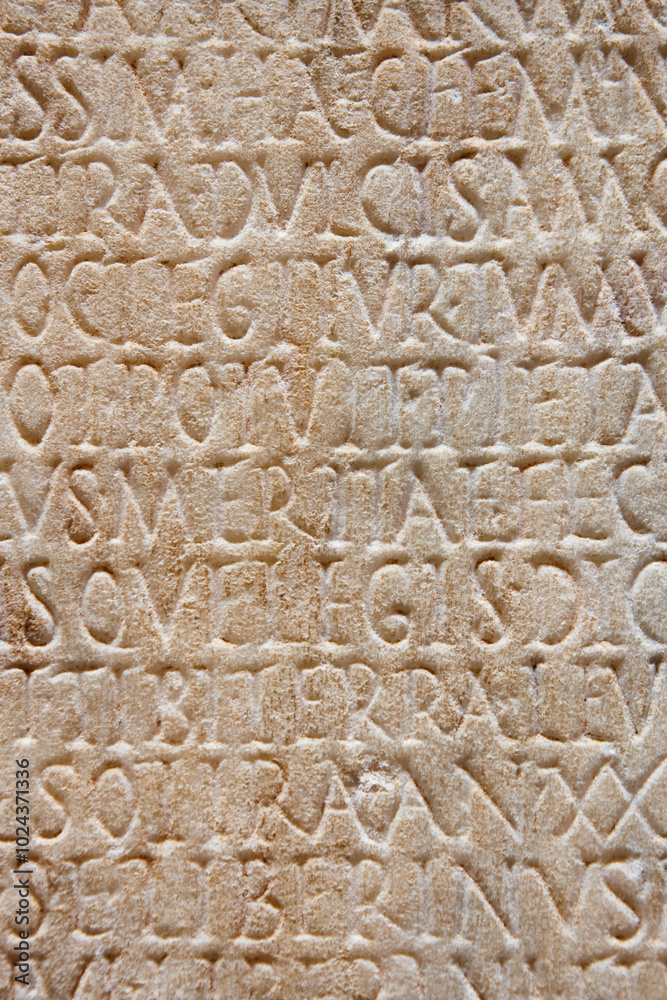 Latin text relief detail. Roman museum. Merida, Caceres. Spain Latin text relief detail. Roman museum. Merida, Caceres. Spain