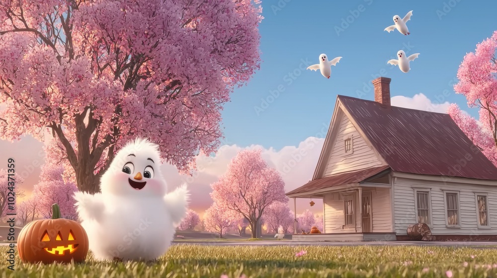 Obraz premium Cute Animated Chick with Pumpkin and Blossoming Trees