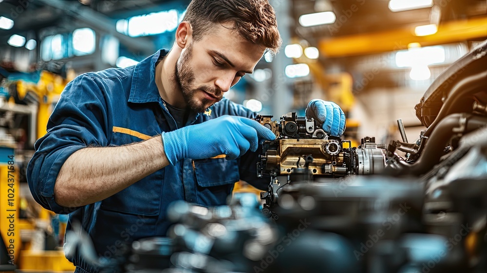 mechanic working on a gearbox, engine parts, and machinery in a modern workshop for a car repair service center mechanic working on a gearbox, engine parts, and machinery in a modern workshop for a car repair service center