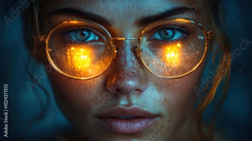 A close-up portrait of a young woman with freckles wearing round glasses, with warm light reflecting in her eyes.