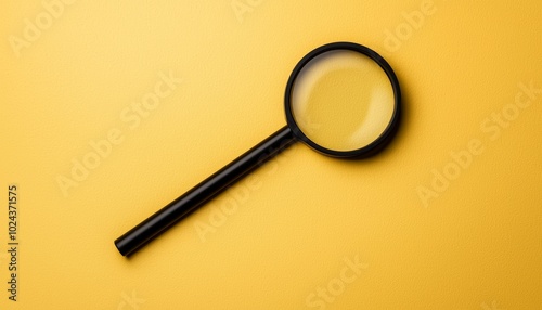 Black magnifying glass on a vibrant yellow background, minimalistic design, symbolizing search, focus, and analysis with a bold color contrast