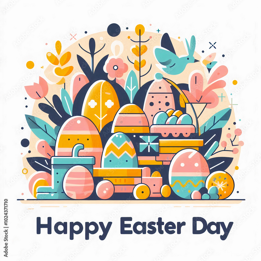 Fototapeta premium Easter-themed scene with eggs, flowers, and a cheerful 