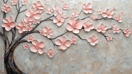 Fototapeta Naklejka Na Ścianę i Meble -  3D mural painting featuring pink flowers and tree against a textured background