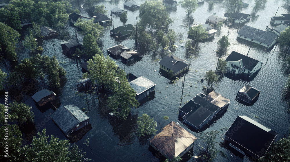 Aerial view of severe flooding submerging homes amidst trees in a devastated neighborhood Aerial view of severe flooding submerging homes amidst trees in a devastated neighborhood