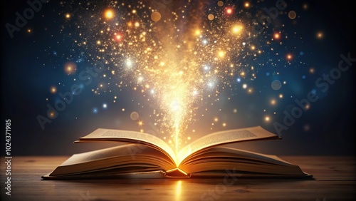 Symmetrical magical open book with glowing particles