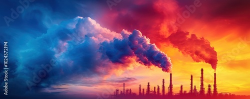 A vibrant industrial landscape with smokestacks against a dramatic sky, showcasing the impact of pollution on the environment.