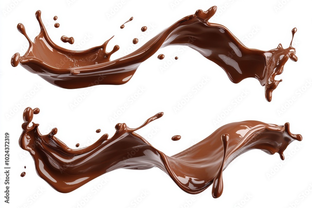 Set of Melted Chocolate wavy splash in mid air isolated on white background Set of Melted Chocolate wavy splash in mid air isolated on white background