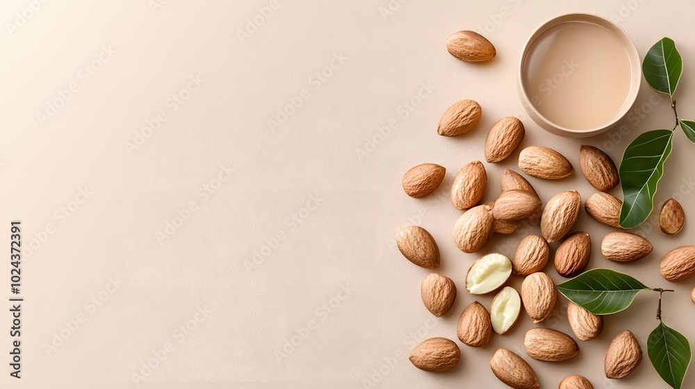 Photorealistic Top Down View of Almonds on Surface Photorealistic Top Down View of Almonds on Surface