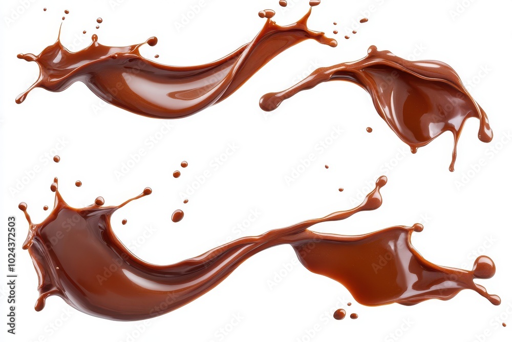 Set of Melted Chocolate wavy splash in mid air isolated on white background
