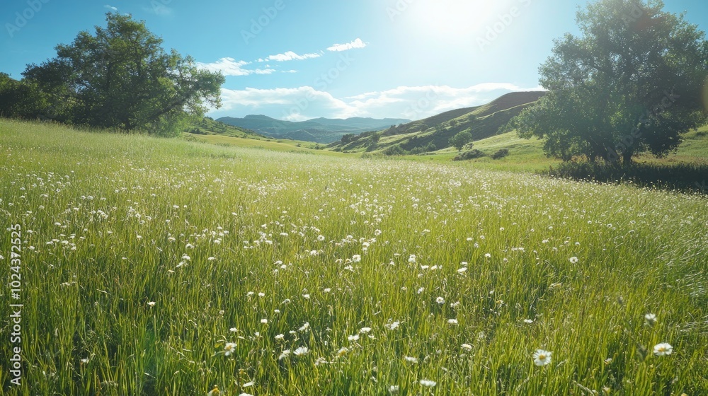 A Gorgeous Meadow of Grass on a Warm Sunny Spring Day Surrounded by Hills and Trees A Gorgeous Meadow of Grass on a Warm Sunny Spring Day Surrounded by Hills and Trees