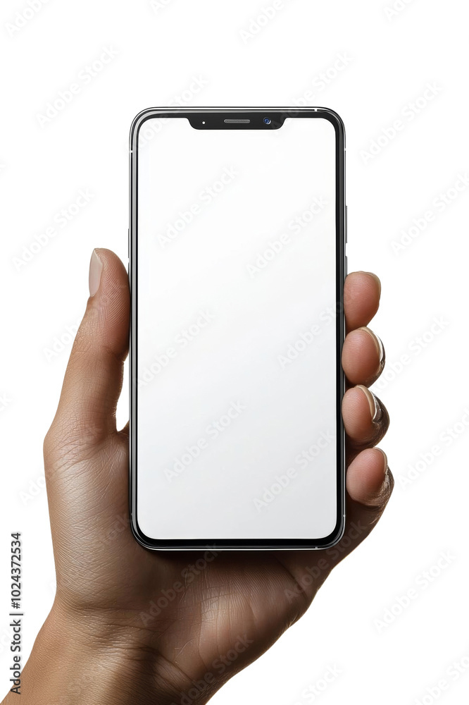 A hand holding a modern smartphone with a blank screen, perfect for showcasing apps or mobile content. isolated background A hand holding a modern smartphone with a blank screen, perfect for showcasing apps or mobile content. isolated background
