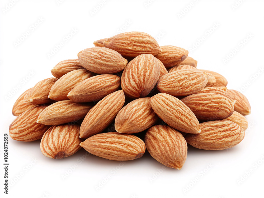 a pile of almonds on a white background. The almonds are brown and shiny. a pile of almonds on a white background. The almonds are brown and shiny.