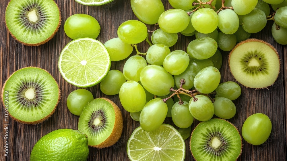 Fresh Green Grapes and Lime Wedges on Wooden Surface Fresh Green Grapes and Lime Wedges on Wooden Surface