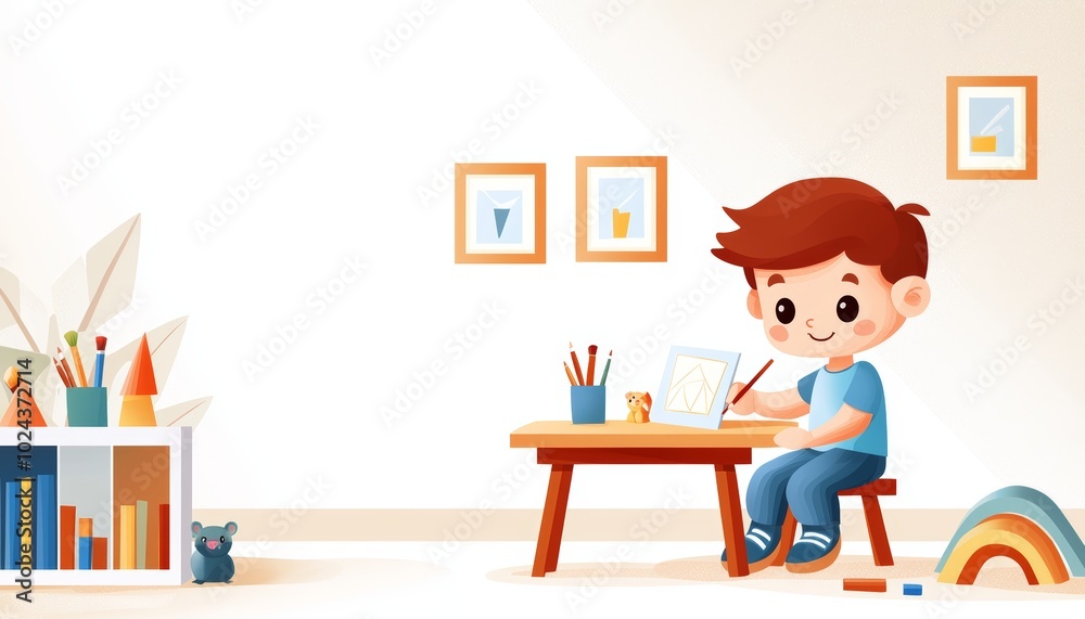 Fototapeta premium Child in a cozy playroom creating art at a small table, toys and books scattered around, imaginative and cheerful environment
