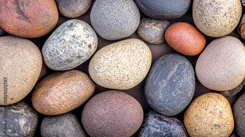 A close-up view of smooth, colorful river rocks. A close-up view of smooth, colorful river rocks.