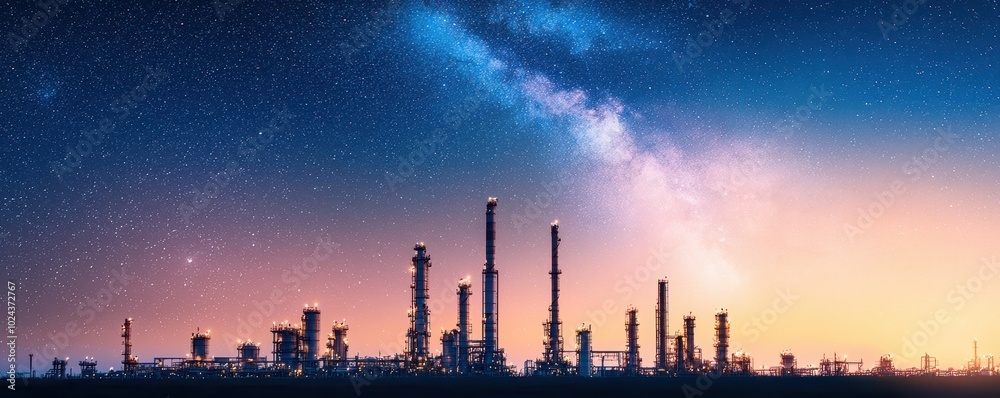 A stunning night view of an industrial skyline under a starry sky, featuring silhouettes of towering structures against a vibrant sunset glow.