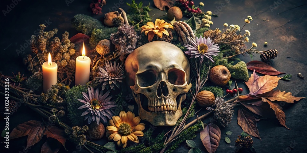 Symmetrical mystical and magical skull flat lay with dead flowers and foliage on matte black background, lit candle, and witchy decorations Symmetrical mystical and magical skull flat lay with dead flowers and foliage on matte black background, lit candle, and witchy decorations