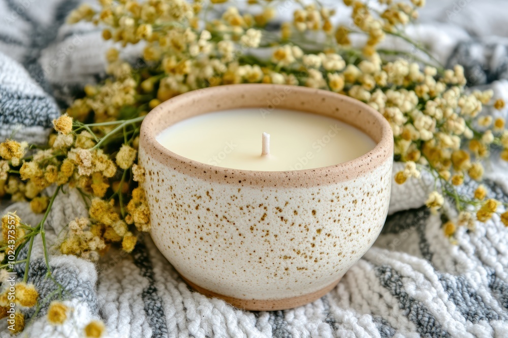 Cozy home atmosphere with scented candle yellow flowers Cozy home atmosphere with scented candle yellow flowers