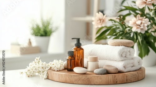 Serene spa setting with towels, essential oils, flowers