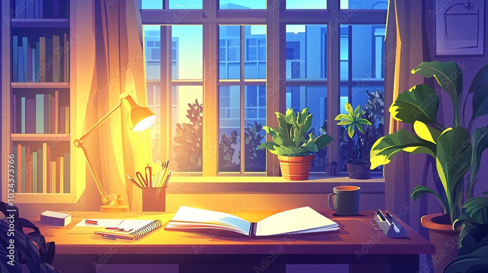 A cozy desk with an open book, a lamp, and a cup of coffee by the window. A cozy desk with an open book, a lamp, and a cup of coffee by the window.
