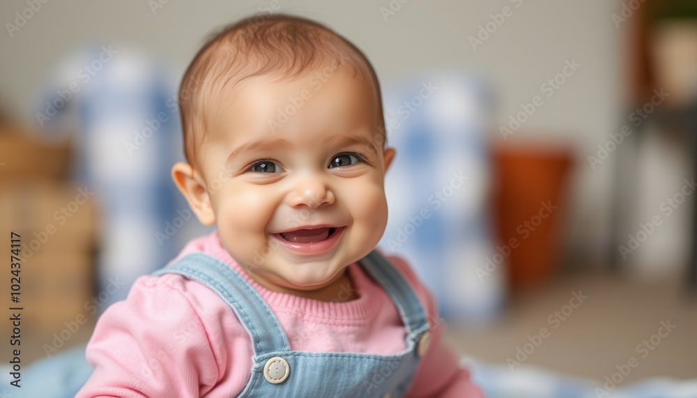 A cheerful baby beams with happiness, sitting on a plush mat, bright eyes sparkling with joy. The cozy room creates a heartwarming atmosphere perfect for playful moments A cheerful baby beams with happiness, sitting on a plush mat, bright eyes sparkling with joy. The cozy room creates a heartwarming atmosphere perfect for playful moments