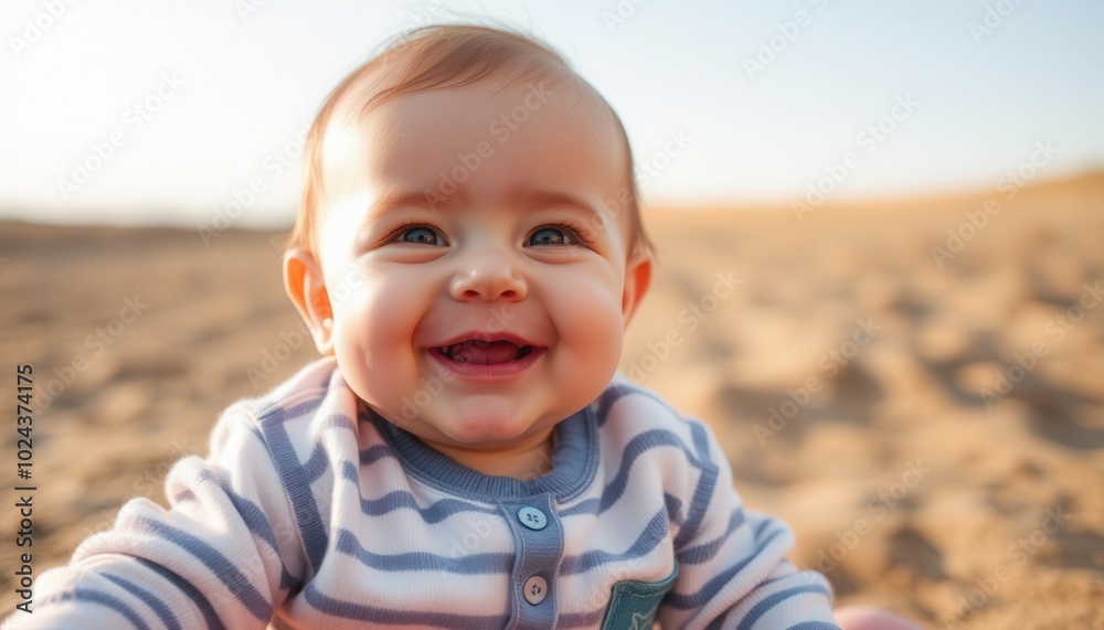 A cheerful baby grins widely while sitting on warm sand at a beach, bathed in the soft glow of the setting sun, exuding pure joy and innocence A cheerful baby grins widely while sitting on warm sand at a beach, bathed in the soft glow of the setting sun, exuding pure joy and innocence