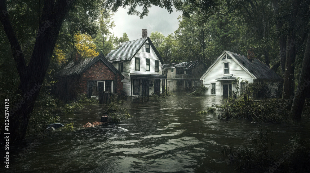 Severe flooding submerges homes in storm affected neighborhood amidst lush greenery Severe flooding submerges homes in storm affected neighborhood amidst lush greenery