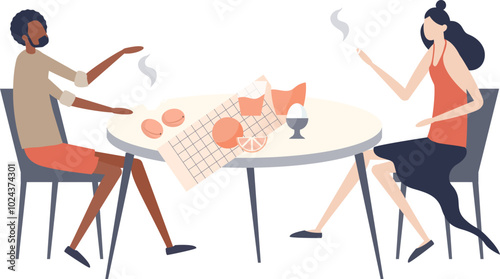 Couple enjoying breakfast with pastries and juice, symbolizing relaxation and togetherness.