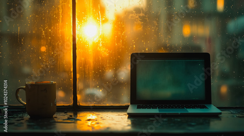 A laptop is open on a table next to a cup of coffee. The laptop is turned off and the coffee is almost gone. Concept of solitude and contemplation, as the person using the laptop is likely to be alone