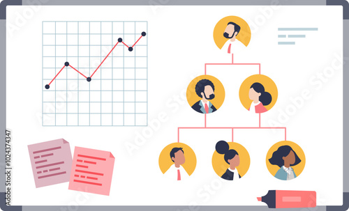 A wall chart shows company structure with an org chart, graph, and documents, symbolizing business organization.