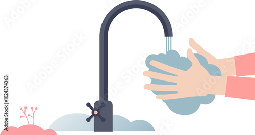 Hands washing with soap under tap water, promoting hygiene.