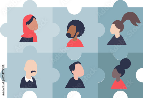 Puzzle pieces with diverse human figures symbolizing team collaboration and unity.