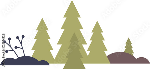Stylized spruce trees and shrubs evoke a serene forest landscape.