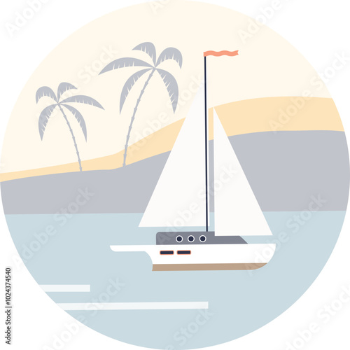 Minimalist yacht sailing near tropical island with palm trees, symbolizing relaxation and adventure.