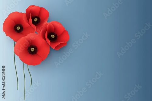Vibrant red poppies on serene blue background
