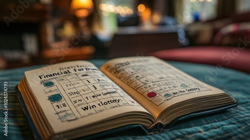 An open notebook with handwritten notes about financial planning and goals, including "win lottery" and "step 1 get lucky."