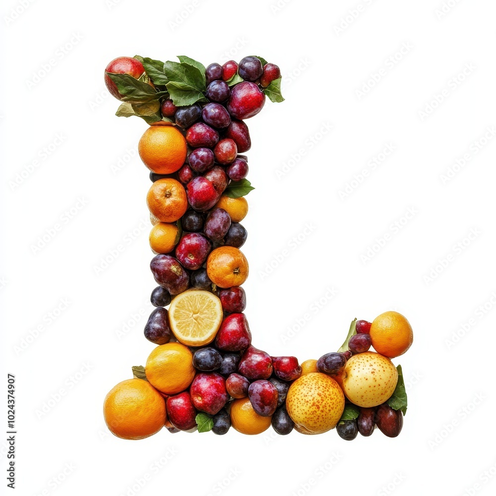 A creative arrangement of various fruits forming the letter 'L'. A creative arrangement of various fruits forming the letter 'L'.