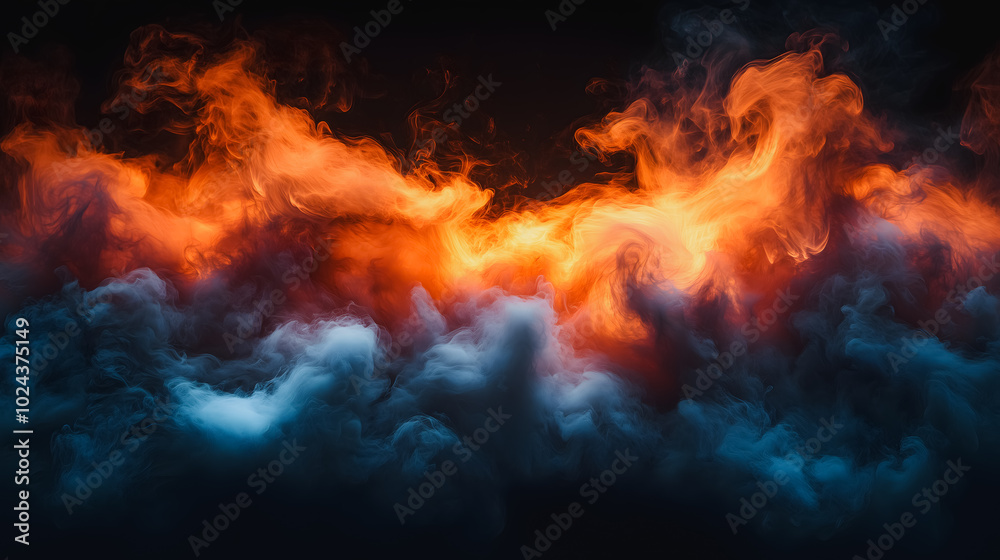 Fototapeta premium A large cloud of smoke with orange and blue flames shooting out of it. The smoke and flames create a sense of chaos and destruction, with the orange