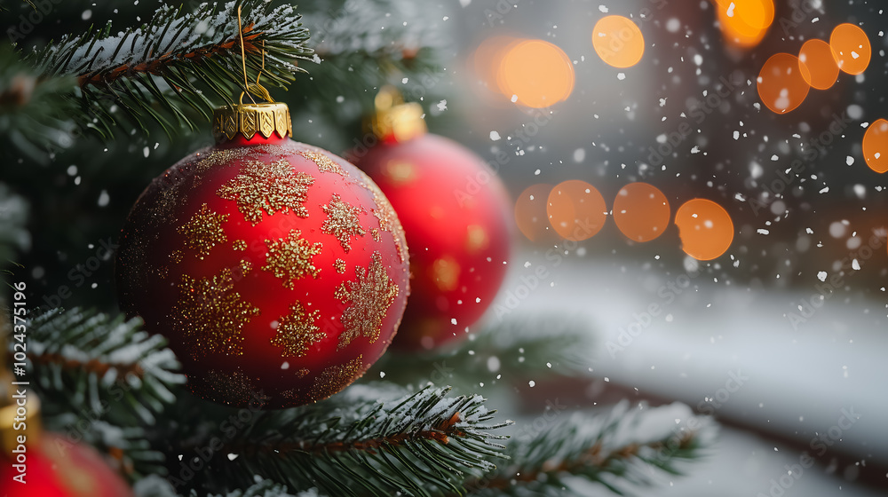 A red and gold ornament hangs on a Christmas tree. The tree is covered in snow, and the ornament is the only thing that stands out. The scene is peaceful and serene A red and gold ornament hangs on a Christmas tree. The tree is covered in snow, and the ornament is the only thing that stands out. The scene is peaceful and serene