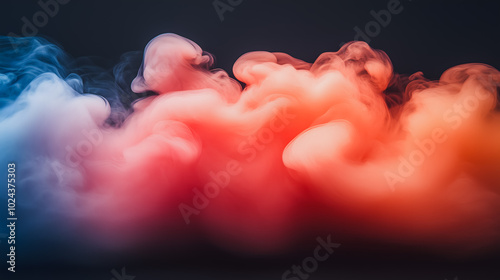 A colorful cloud of smoke with a red and orange section. The smoke is thick and billowing, creating a sense of movement and energy. The colors of the smoke are vibrant and eye-catching