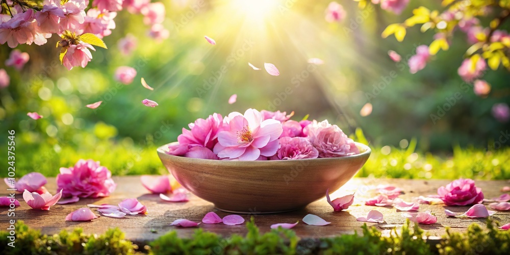 Symmetrical Pink Flowers and Petals in a Water Bowl in a Sunny Romantic Garden in Spring