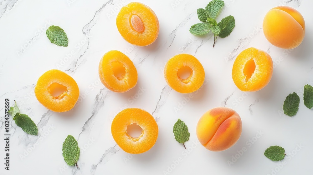 Halved Oranges and Apricots on Marble Surface Halved Oranges and Apricots on Marble Surface