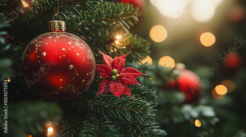 A red and gold ornament hangs from a Christmas tree. The tree is full of red and green leaves