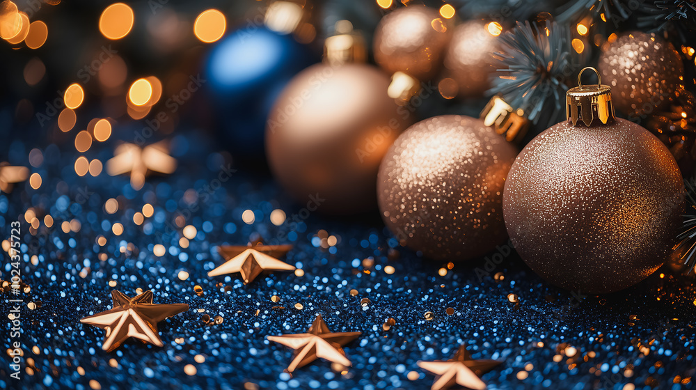 Fototapeta premium A blue background with gold and blue Christmas ornaments. The gold ornaments are stars and the blue ones are balls