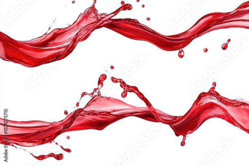 Set of red liquid wavy splash in mid air isolated on white background