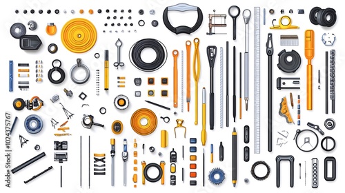 A large collection of tools, fasteners, and hardware, including nuts, bolts, screws, washers, clamps, rulers, and more.